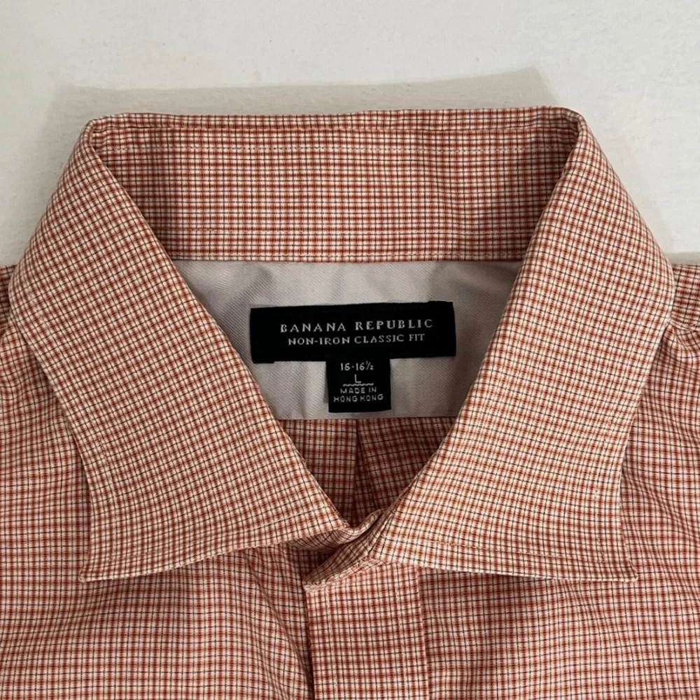 Banana Republic Men’s L 16-16.5 Orange White Plaid Dress‎ Shirt Non Iron Cotton